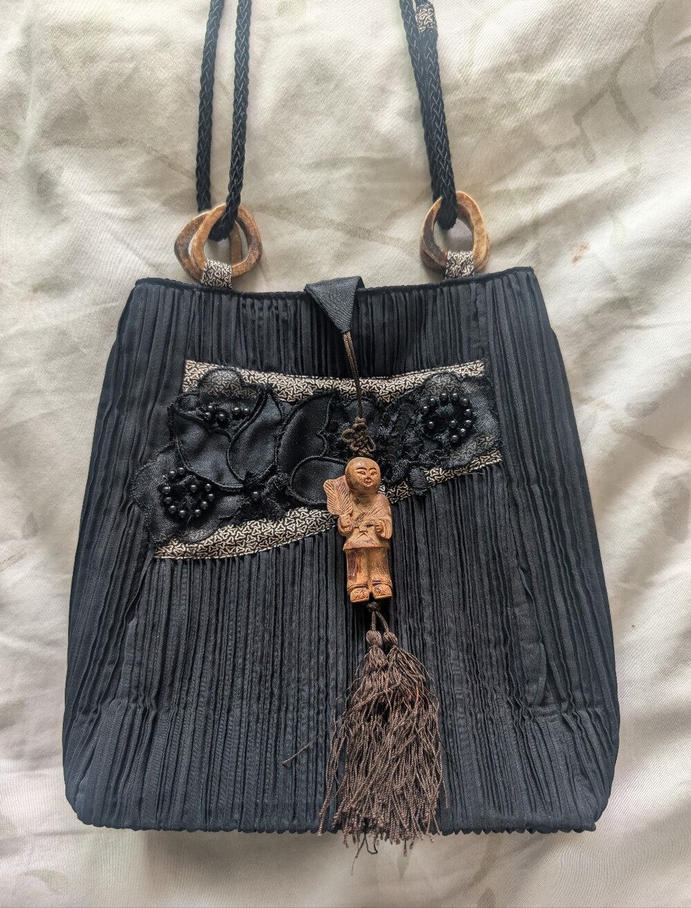 Vintage Anne Namba Black Embellished Women’s Shoulder Bag with Tassel Charm